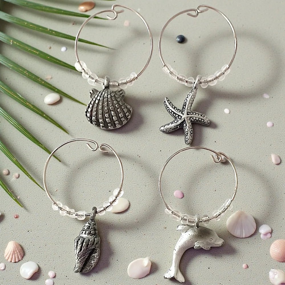 4 Beach Themed Wine Glass Charms Vintage Y2K Silver Tone Beaded Coastal Nautical